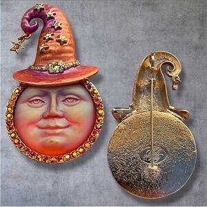 Kirks Folly Seaview Moon Orange Pink Wizard Witch’s Hat Brooch Pendant VGUC